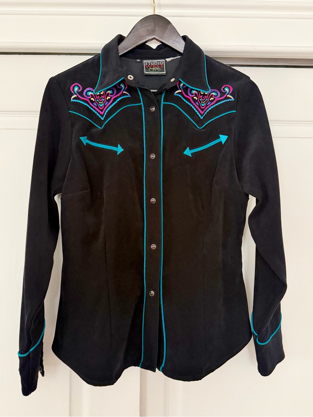 Vintage Black Western Shirt with Turquoise Piping & Magenta Embroider